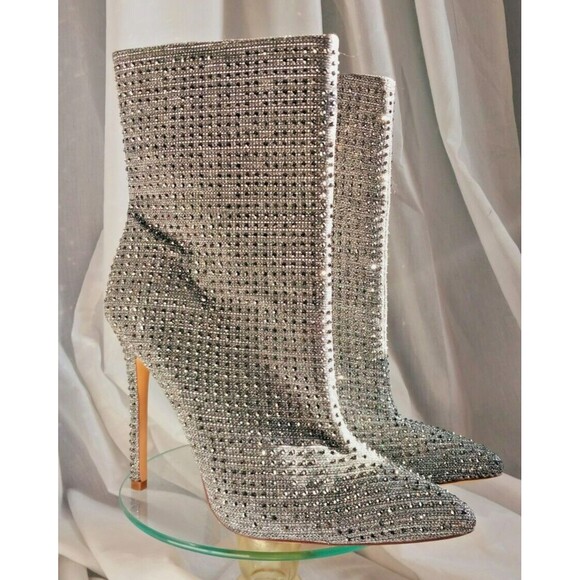 Silver Rhinestone Boots Womens Size 9 Glaze 4" Heel Pointed Toe - Picture 1 of 14